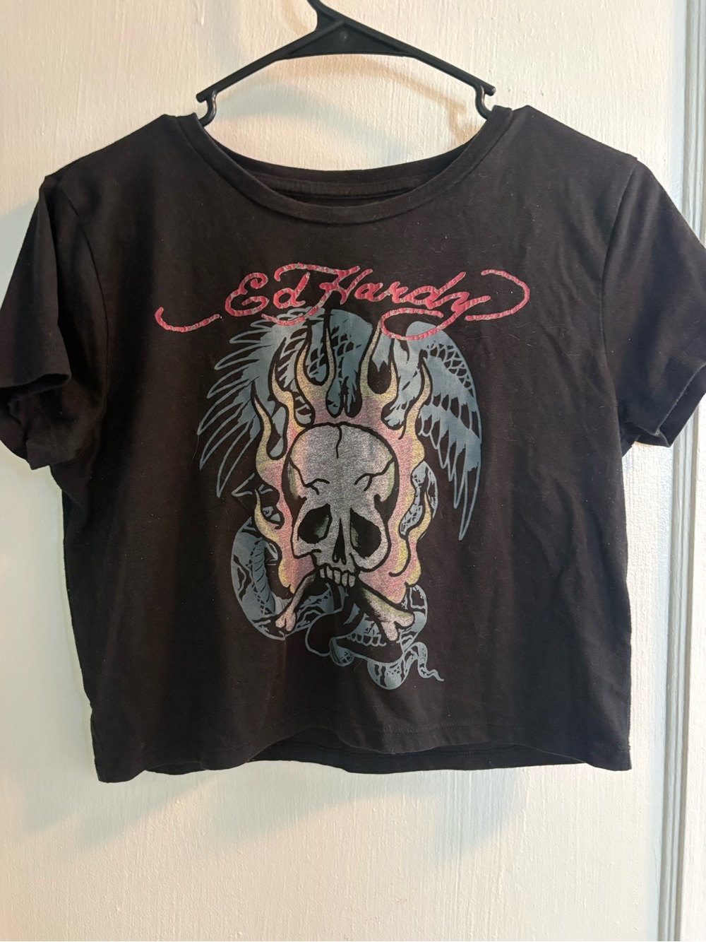 Ed Hardy Cropped Black Graphic Skull Tee